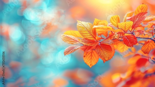 Autumn s vibrant tapestry of golden yellow and fiery orange leaves dances against a backdrop of bokeh-blurred sunlight  casting a warm glow over the park as the sun paints the sky in hues of twilight.