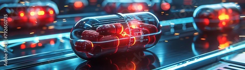 A high-tech pharmaceutical lab where scientists are developing a futuristic vitamin, with glowing neon capsules arranged on a sleek