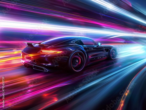 A sports car speeding down a highway, outlined by neon underglow, with the lights blurring into continuous lines that convey a sense of highspeed movement and futuristic aesthetics