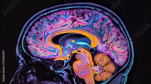 An illustrative diagram of the human brain, highlighting areas affected by ADHD with glowing colors, aimed at educating on the neurological aspects and challenges of the condition