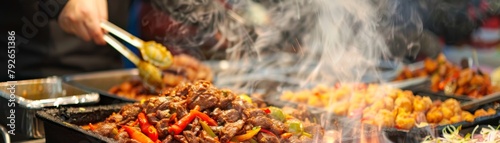 A street food vendor is cooking a delicious meal in a large pan.