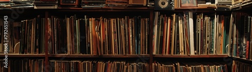 A wooden shelf filled with various books, records, and other items. photo