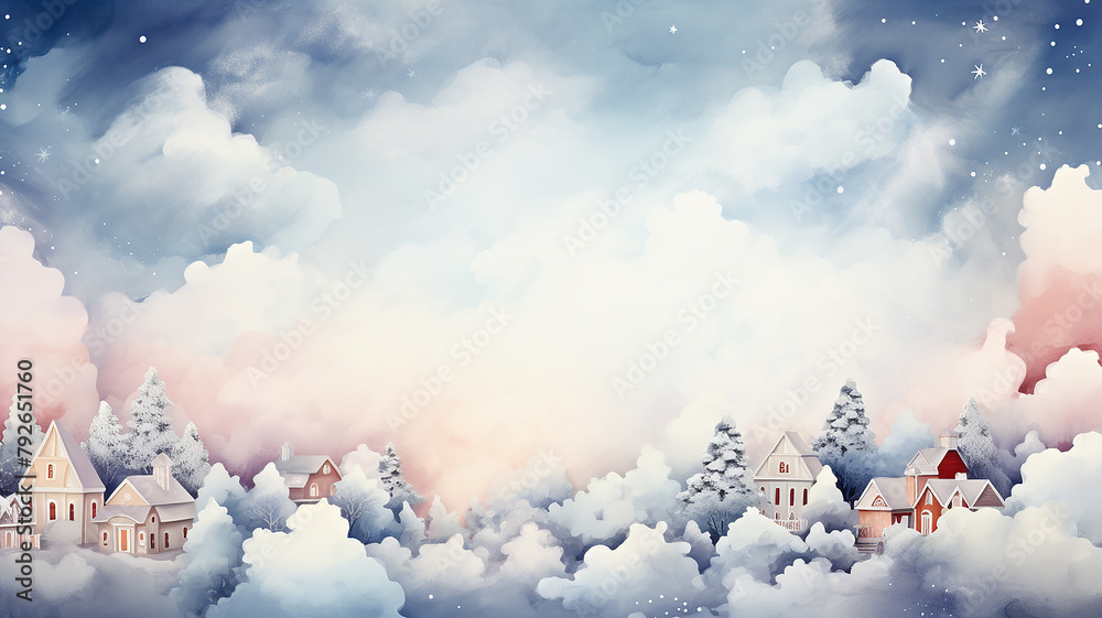 Obraz premium Winter landscape with houses in the middle of the forest on the background of clouds, Christmas greeting card
