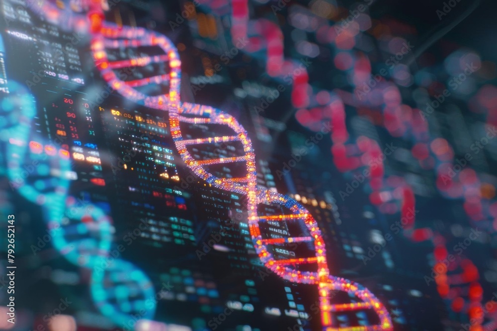 A detailed image of DNA strands superimposed on a biochemical data chart, representing gene editing and molecular biology research in a clinical setting - obrazy, fototapety, plakaty 