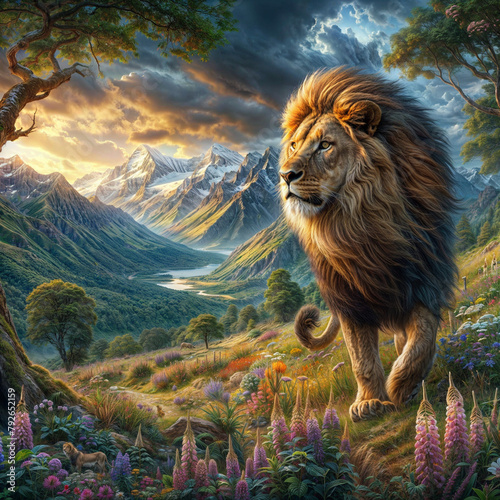 painting of a lion walking through a mountain landscape with flowers, aslan the lion, king of the jungle, lord of the jungle, lion, portrait of a lion, lion warrior, highly detailed digital artwork, b photo