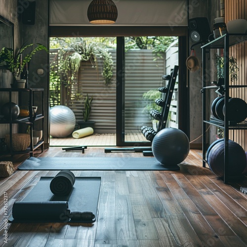 Home gym with yoga mats, exercise balls, dumbbells and weight rack photo