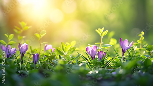 Spring flowers crocuses among the green grass in the rays of sunlight, romantic greeting card