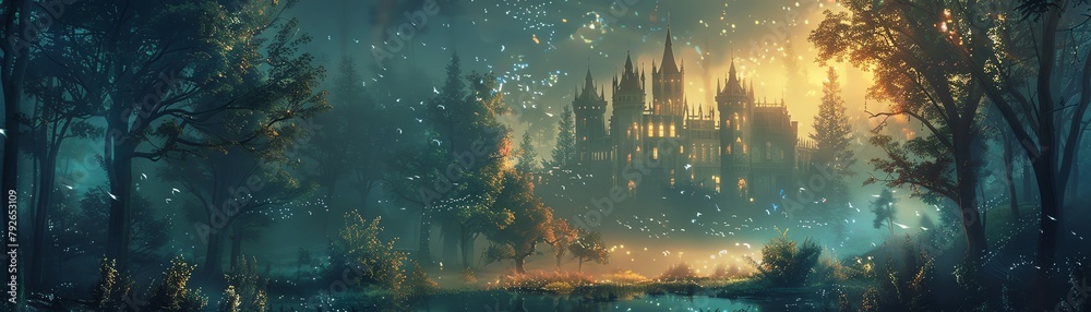 A fairytale castle surrounded by an enchanted forest, with magical creatures visible in the woods