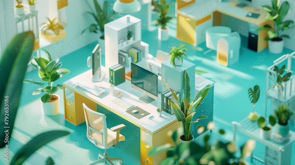 Efficient Workflow: 3D Illustration of a Productive Office Team in Cartoon Style, Featuring Green, Blue, and White Colors with Golden Ratio Composition, Comfortable office environment