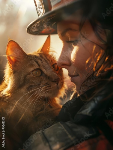 Grandscale epic, empathetic firefighter different, eyelevel, woman, comforting a scared cat rescued from a burning building Smoke fills the air behind them, creating a dramatic backdrop photo