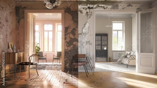 apartment before and after restoration or refurbishment, copy and text space, 16:9