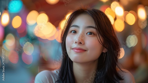Beautiful and young Asian woman surrounded by colorful bokeh lights