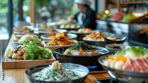 A bustling kitchen scene with a variety of freshly prepared dishes displayed on the counter and a chef in the background, showcasing the vibrant and busy atmosphere of culinary artistry