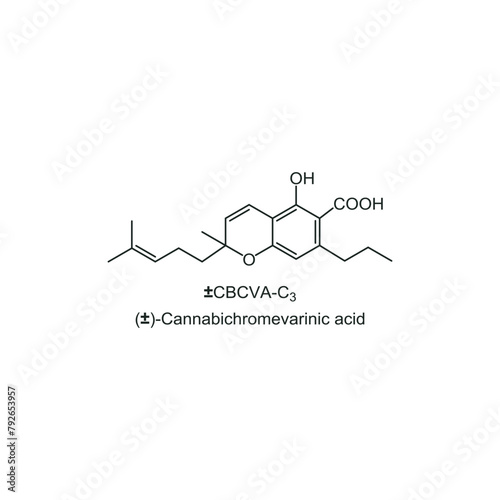 (±)-Cannabivarichromevarinic acid skeletal structure diagram. compound molecule scientific illustration on white background.