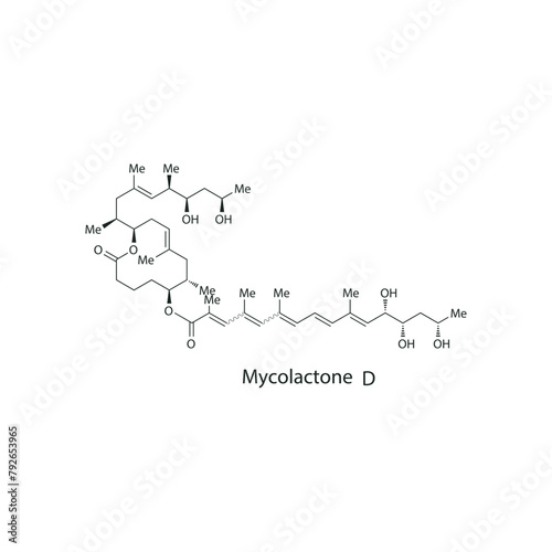 Mycolactone D skeletal structure diagram.macrolide toxin compound molecule scientific illustration on white background.
