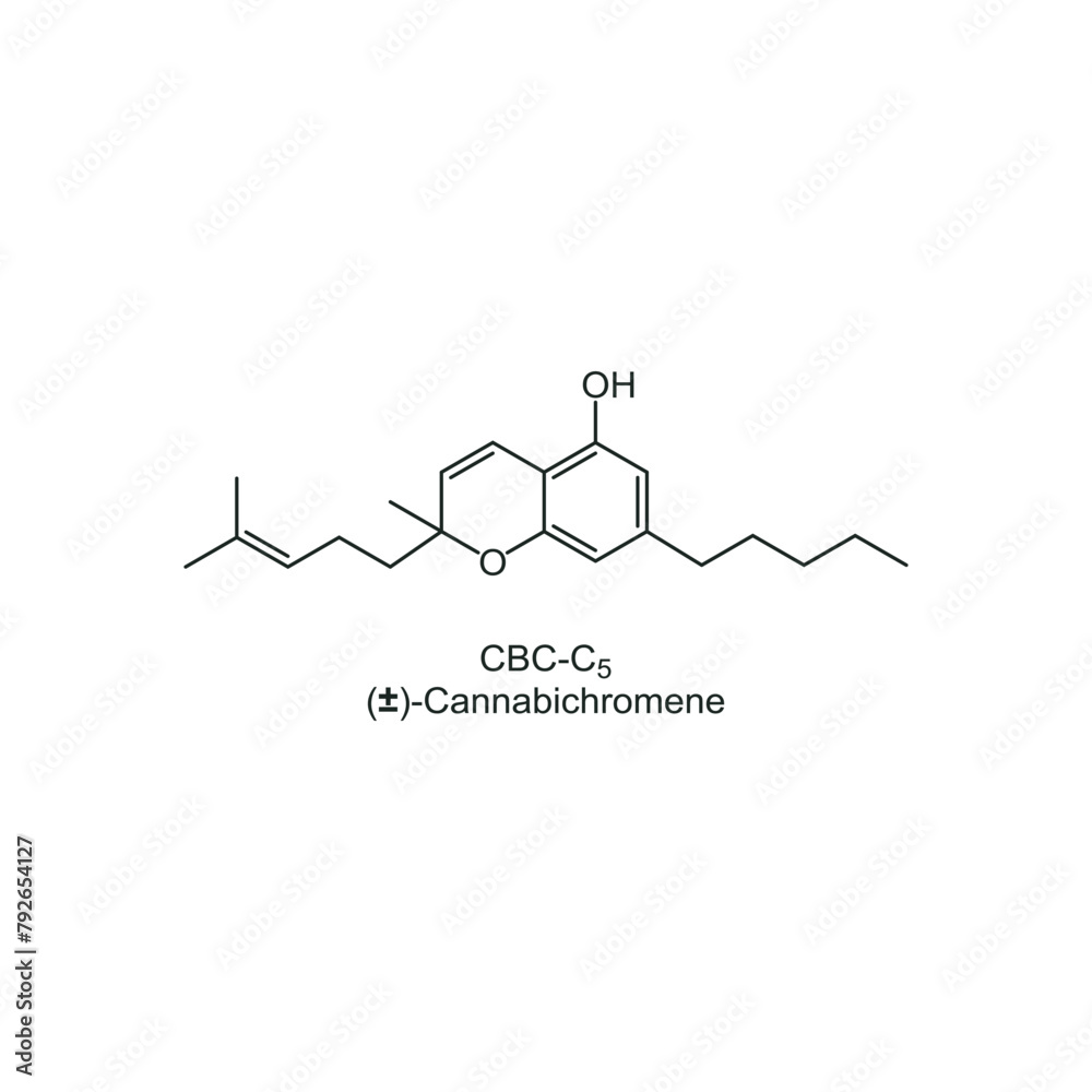 (±)-Cannabichromene skeletal structure diagram. compound molecule scientific illustration on white background.