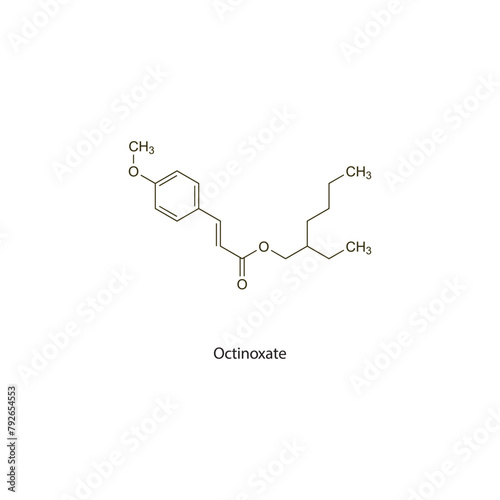 Octinoxate flat skeletal molecular structure used as Sunscreen. Vector illustration scientific diagram.