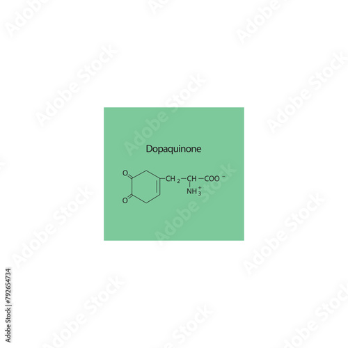 Dopaquinone skeletal structure diagram.Dopamine metabolite compound molecule scientific illustration on green background.