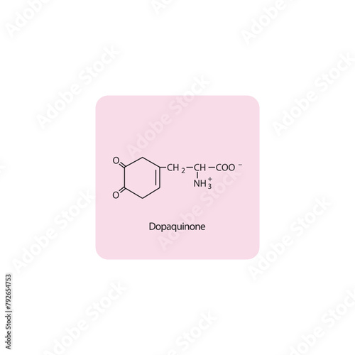 Dopaquinone skeletal structure diagram.Dopamine metabolite compound molecule scientific illustration on pink background.
