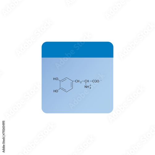 3,4-Dihydroxyphenylalanine (DOPA) skeletal structure diagram.Dopamine metabolite compound molecule scientific illustration on blue background.