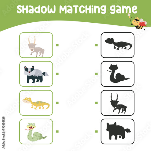 Fototapeta Naklejka Na Ścianę i Meble -  Matching shadow game for children. Find the correct shadow. Worksheet for kid. Printable activity page for kids. Learning Game. Vector file. 