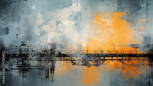 Abstract Urban Cityscape in Orange and Blue Tones with Water Reflections