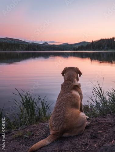 Serenely Sitting Labrador Retriever by the Shore