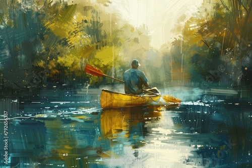 painting a man paddling a canoe down a river. Travel and adventure lifestyle with outdoor- © Zoraiz