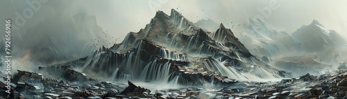 A mountain range made entirely of piledup antique books, with waterfalls of ink flowing down photo