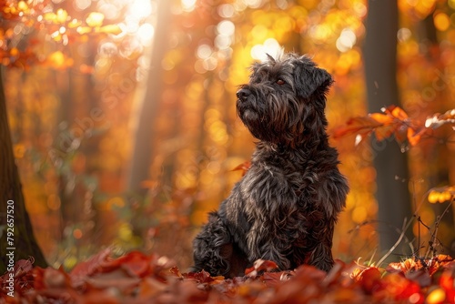 Fluffy Bouvier des Flandres dog posing in cozy den