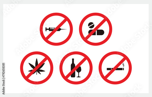 No Smoking, No Drugs and Pill, No Cannabis and No Alcohol Forbidding  Vector Signs Icon