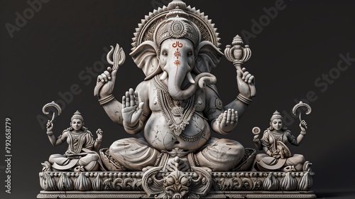 A realistic 3D render of Ganesha with his consort Siddhi and Buddhi, illustrating his role in fostering prosperity and wisdom photo