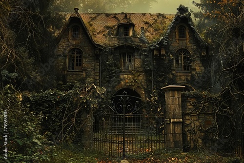 An abandoned manor overtaken by creeping ivy and wild growth, with an open gate leading to a neglected garden, suggesting tales of forgotten histories and spectral inhabitants
