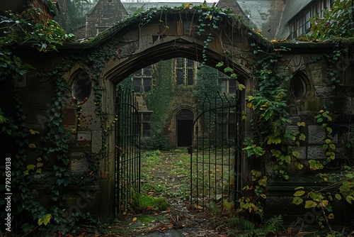 An abandoned manor overtaken by creeping ivy and wild growth, with an open gate leading to a neglected garden, suggesting tales of forgotten histories and spectral inhabitants