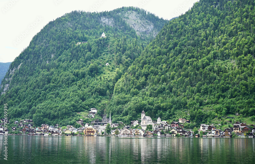 View of Hallstatt mountain village with Hallstatt lake in Hallstatt, Austria.