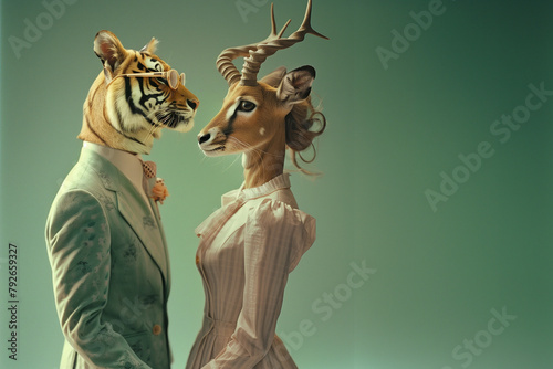 Tiger and gazelle dressed in suits. The colors are green and pale pink photo