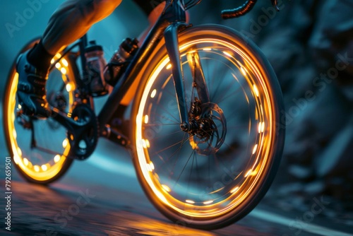 Closeup of a cyclists hands gripping the brakes during a downhill ride, with the disc brake glowing from rapid deceleration, emphasizing speed and control