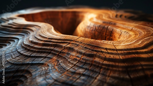 A 3D render of wood crosssection, displaying annual growth rings and core details photo