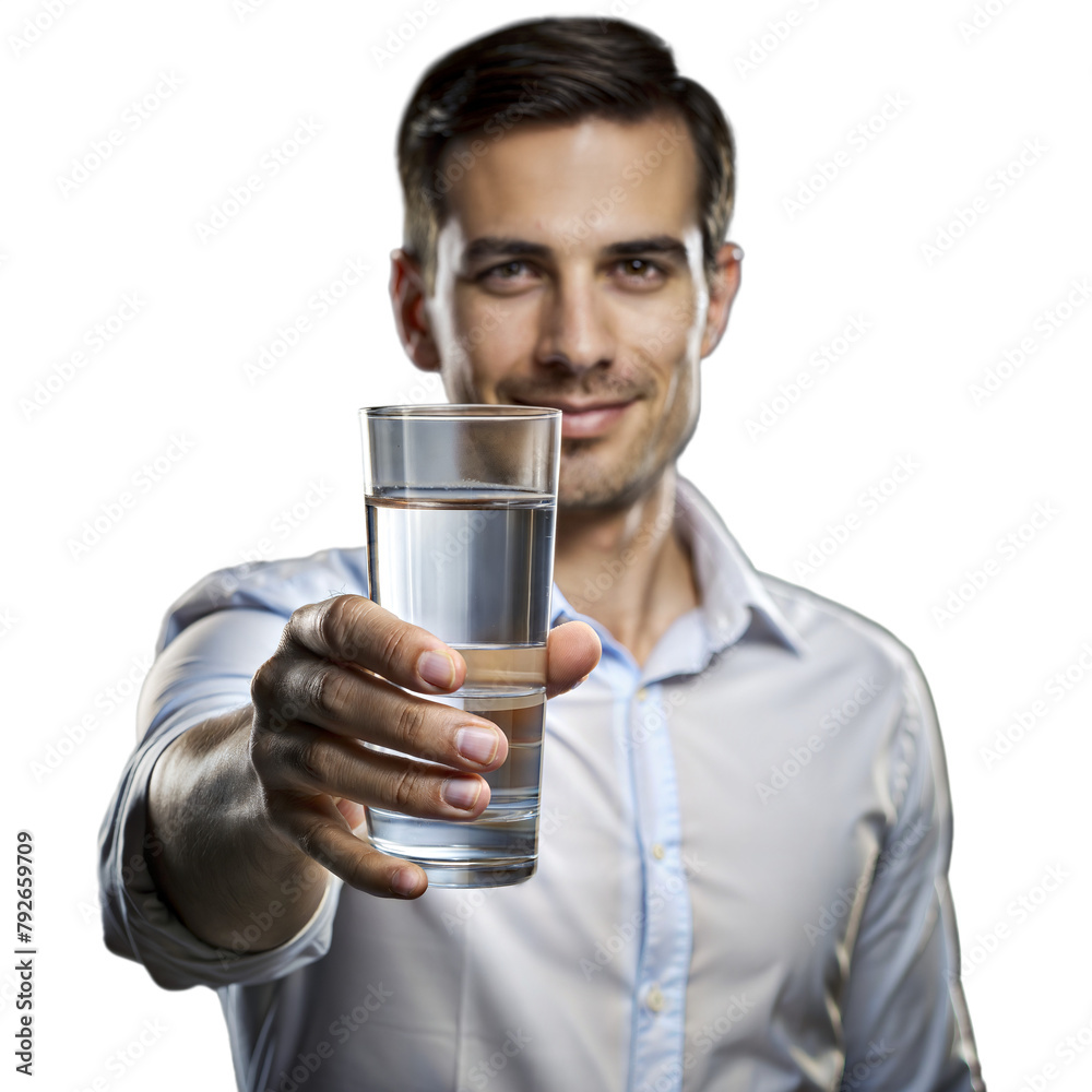 Businessman offering a glass of water with a friendly smile Businessman offering a glass of water with a friendly smile