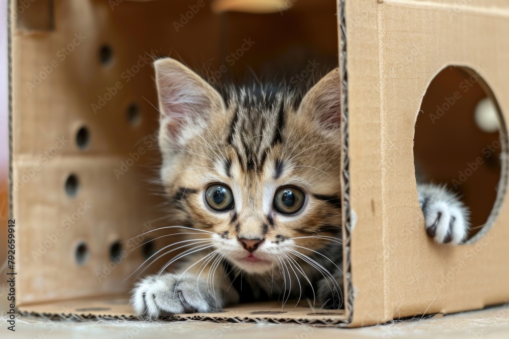 Playful kitten peeking out of a cardboard play box with holes in a home setting, showcasing curiosity Playful kitten peeking out of a cardboard play box with holes in a home setting, showcasing curiosity