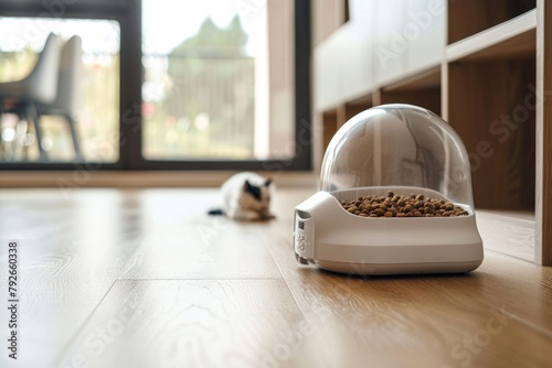 Cat lying in background with automatic feeder in focus, depicting pet care and modern convenience photo