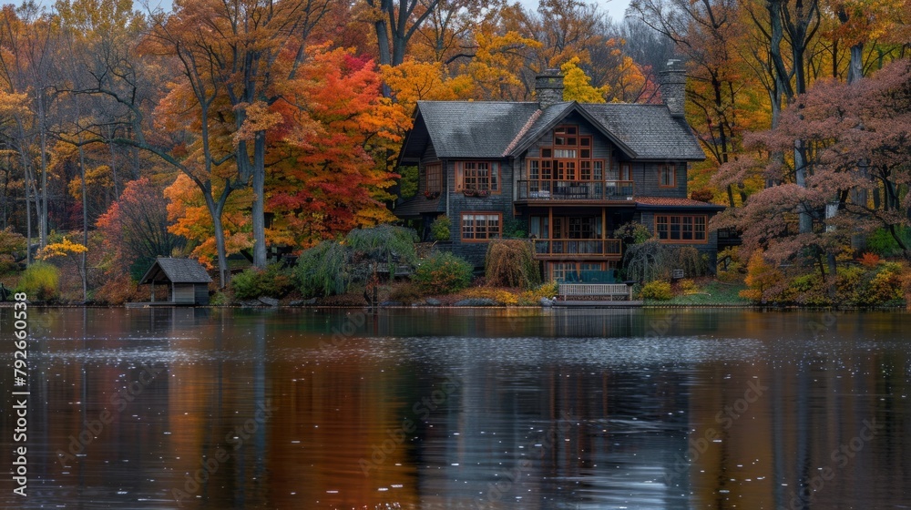 Fototapeta premium Nice modern triangular house near lake