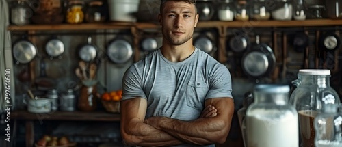 Wallpaper Mural Muscular man with protein jar in kitchen for postworkout recovery. Concept Fitness Lifestyle, Post-Workout Nutrition, Healthy Eating, Muscle Recovery, Athletic Lifestyle Torontodigital.ca