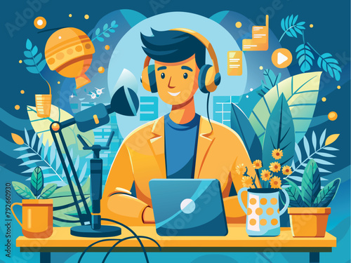 Podcast Prowess: Crafting Compelling Audio Experiences with Expertise and Passion, illustration, work, office, men, guy, microphone, podcast, music