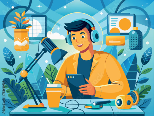 Mastering the Mic: Crafting Engaging Podcasts with Passion and Expertise, illustration, work, office, men, guy, microphone, podcast, music