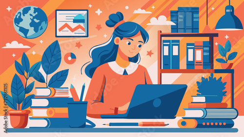 Empowering Education: Navigating Online Learning as a Female Student, online working, illustration, vector