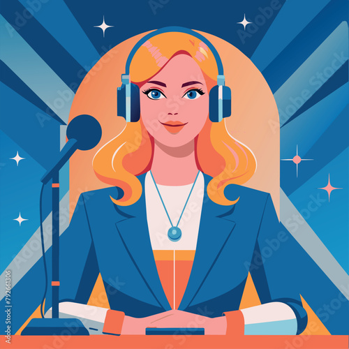 Captivating Blonde Reporter: Navigating the Media Landscape, podcast, illustration, blue eyes, woman, vector