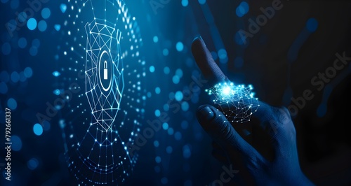 Hand touching digital security icon on blue background, symbolizing cyber protection and data vaulting for technology or information safety concept