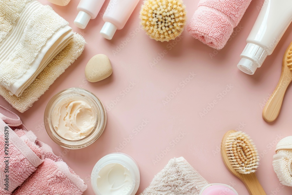 Assorted skincare products with natural bristle brushes and towels on pastel pink background - obrazy, fototapety, plakaty 