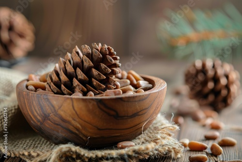 Pine Cones in Wooden Bowl with Pine Nuts and Sprigs on Textured Surface photo